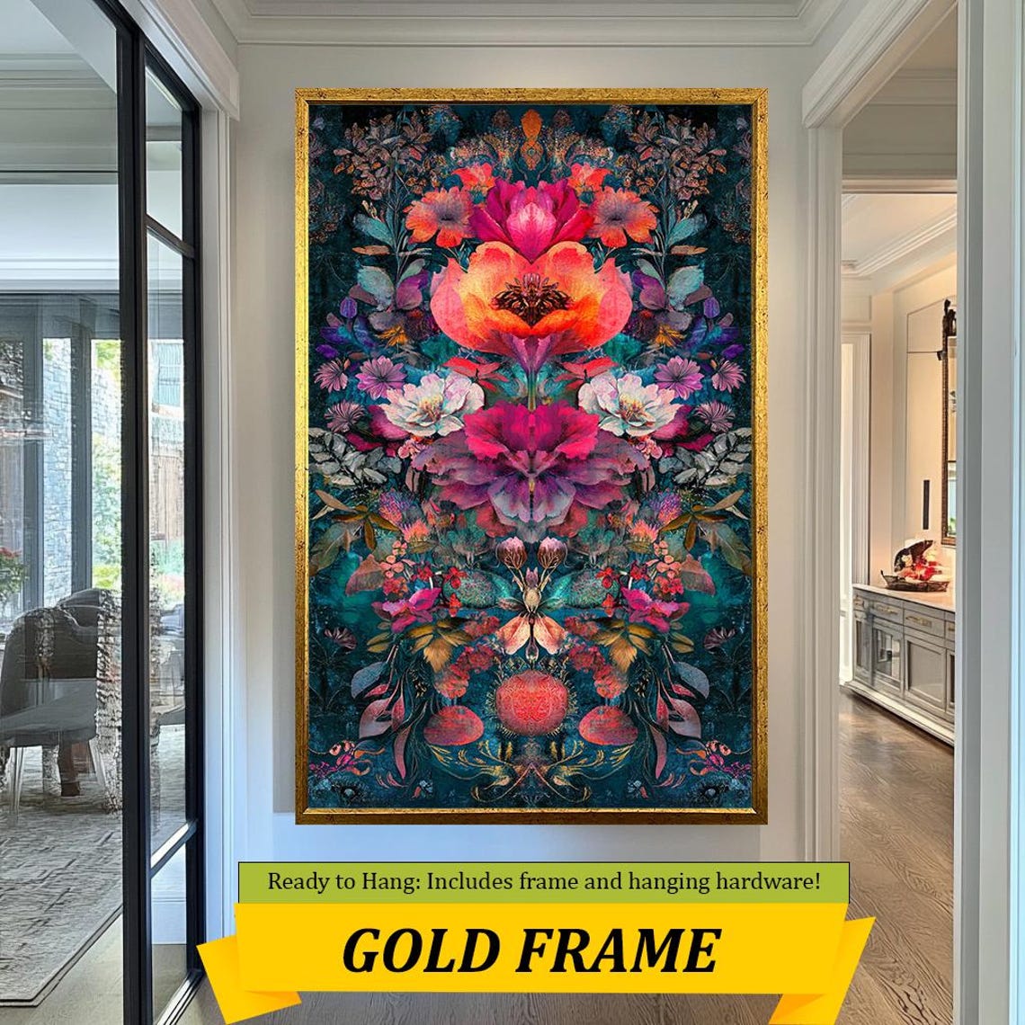 Maximalist Vibrant Floral Bouquet Hot Pink Teal Botanical Wall Art - Image 3
