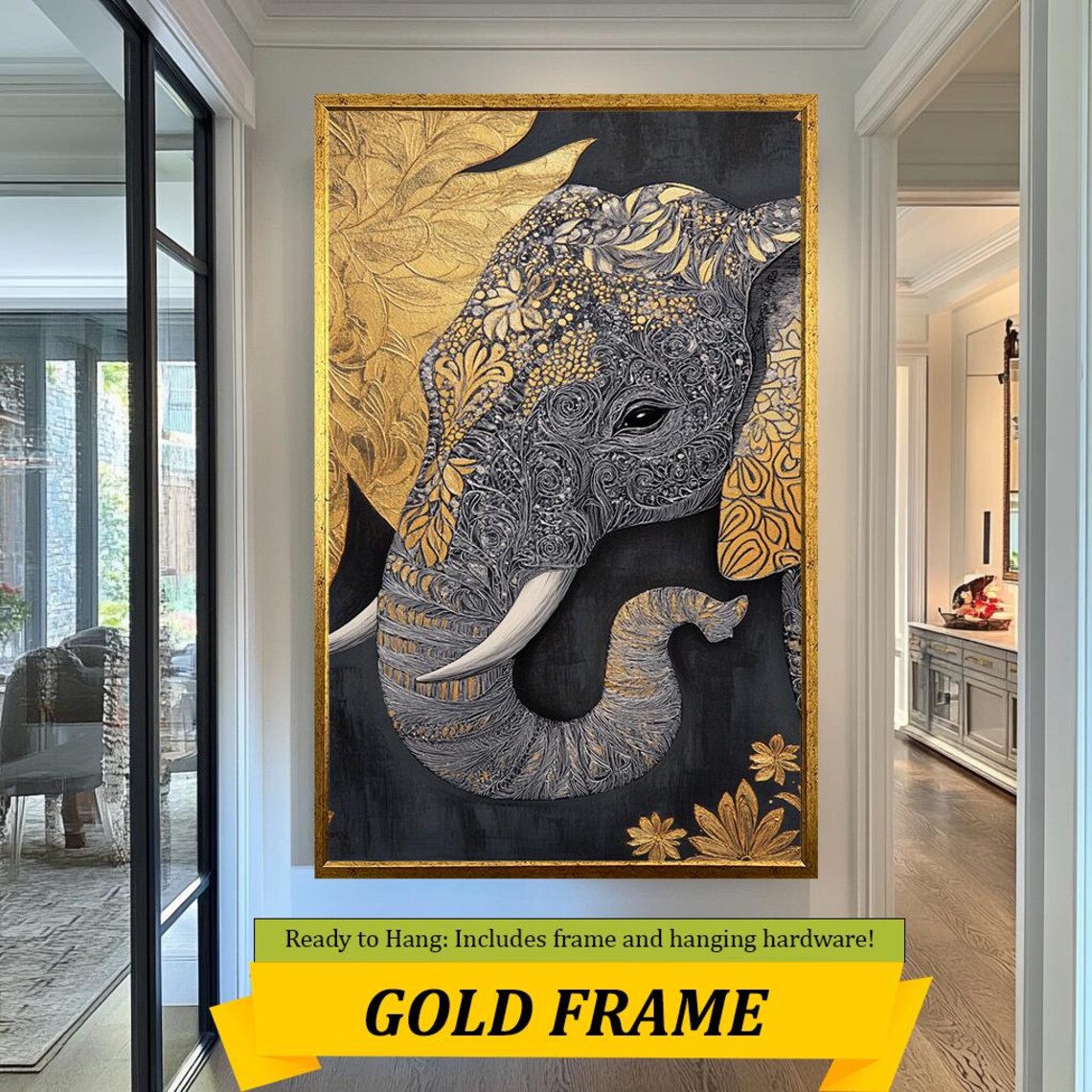 Elegant Elephant Head Gold Floral Zentangle Black Luxury Wall Art Poster - Image 3