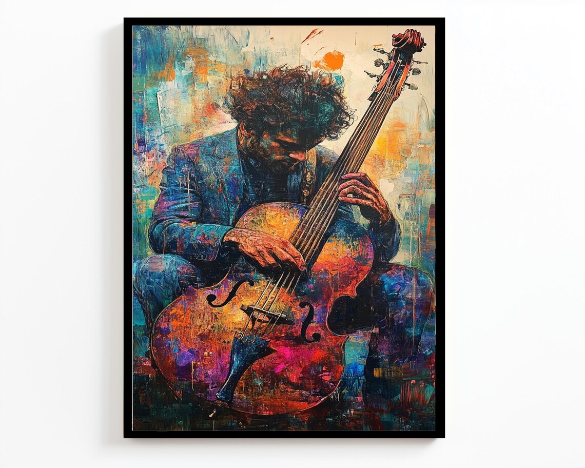 Colorful Double Bass Musician Abstract Painting Jazz Blues Wall Art - Image 2