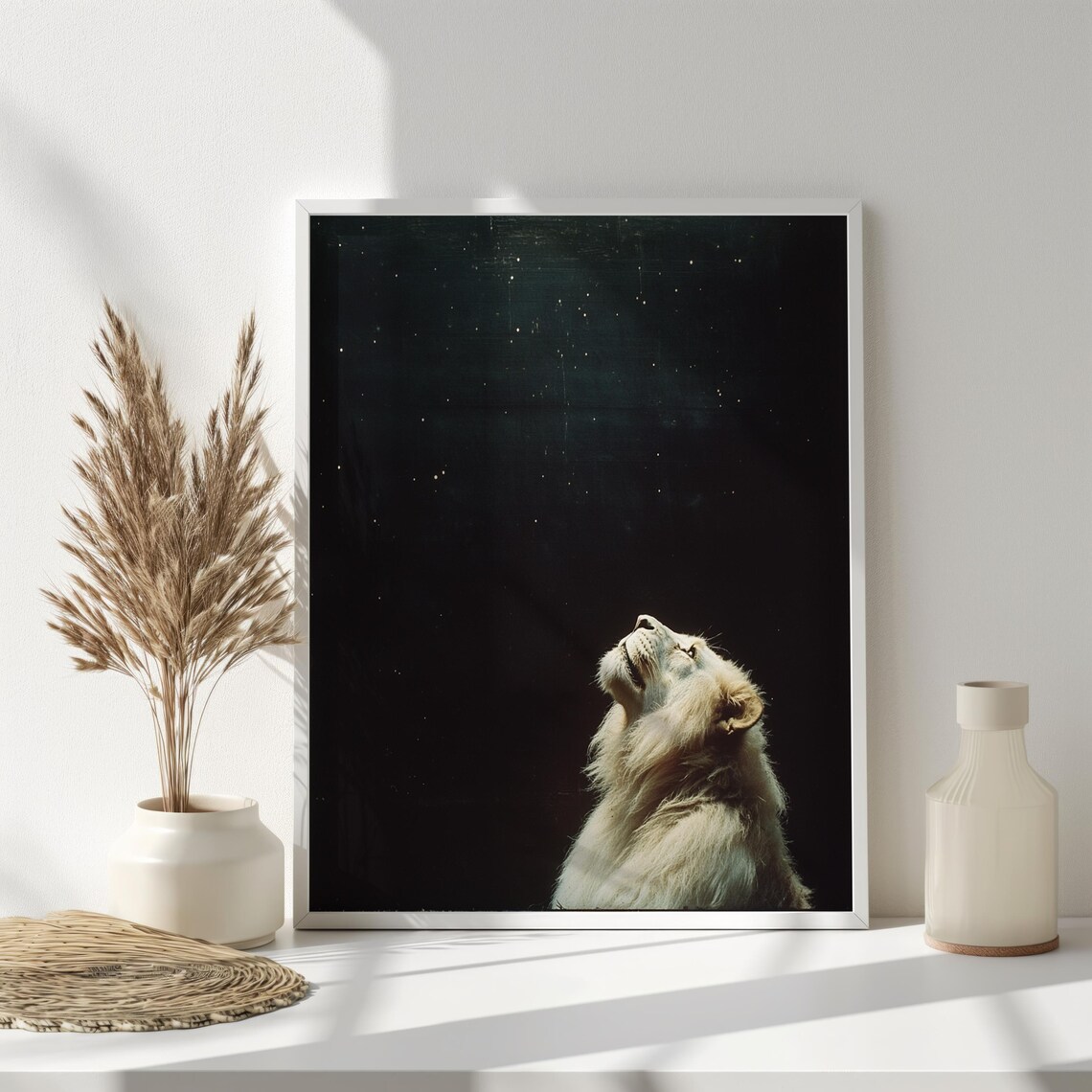 Majestic White Lion Starry Night Sky Looking Up Wild Safari Wall Art - Image 3