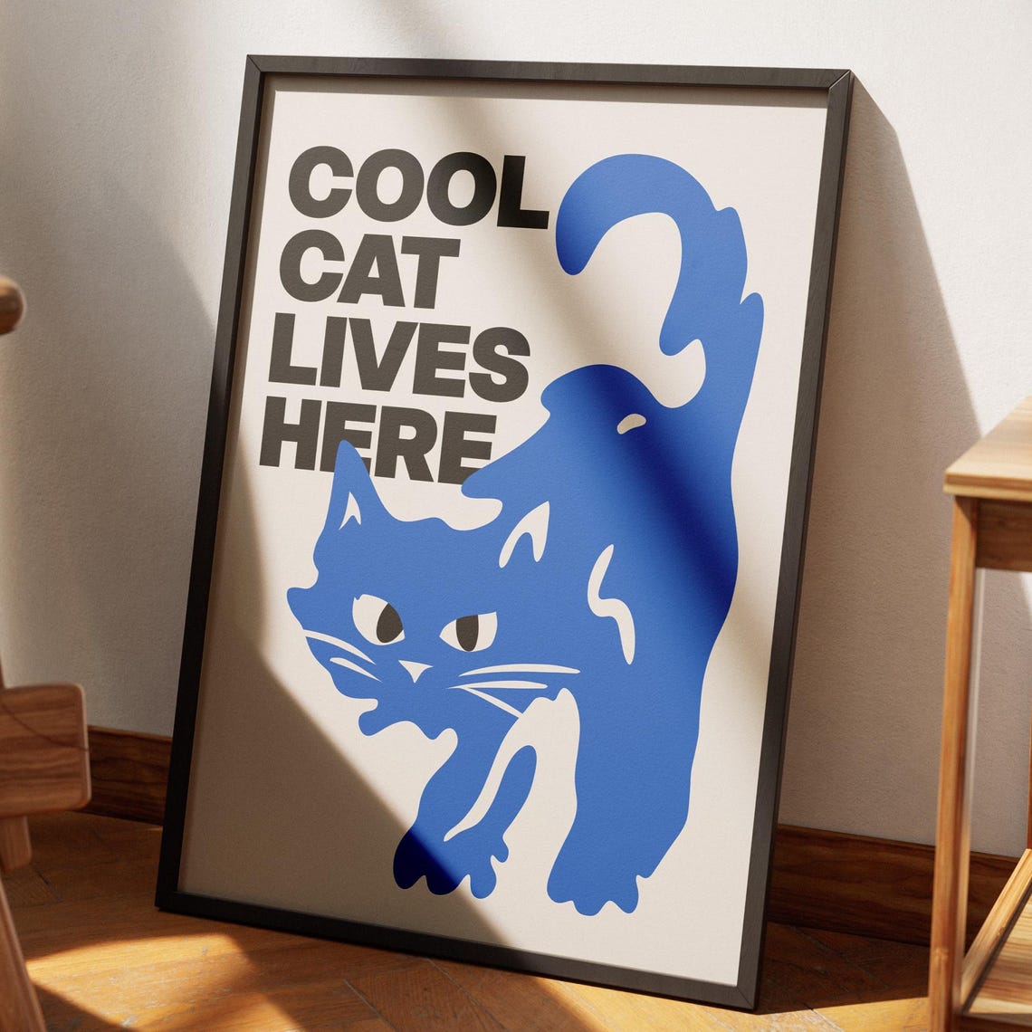 Cool Cat Lives Here Blue Cat Funny Retro Typography Art Poster