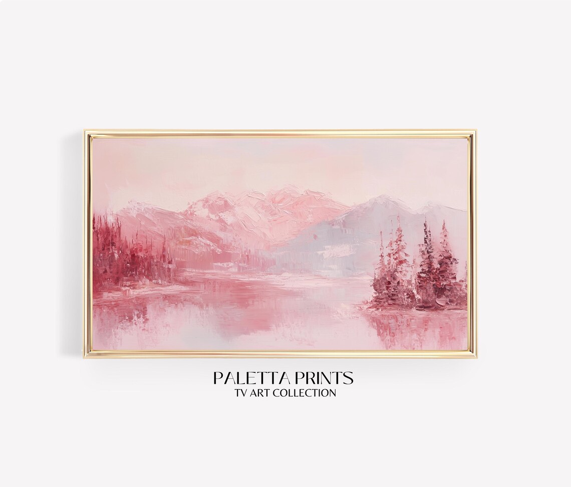 Blush Pink Mountain Lake Snowy Peaks Pastel Nature Scene Poster