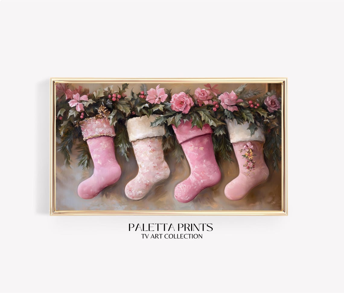 Pink Christmas Stockings Garland Greenery Festive Mantel Wall Art