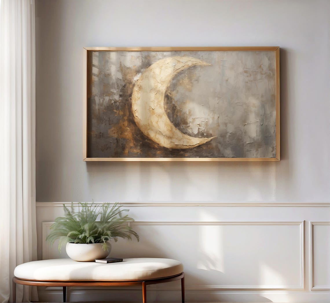 Textured Crescent Moon Abstract Painting Beige Gold Gray Islamic Wall Art Frame Tv Ramadan Home Decor Middle Eastern Accent Muslim Artwork - Image 2