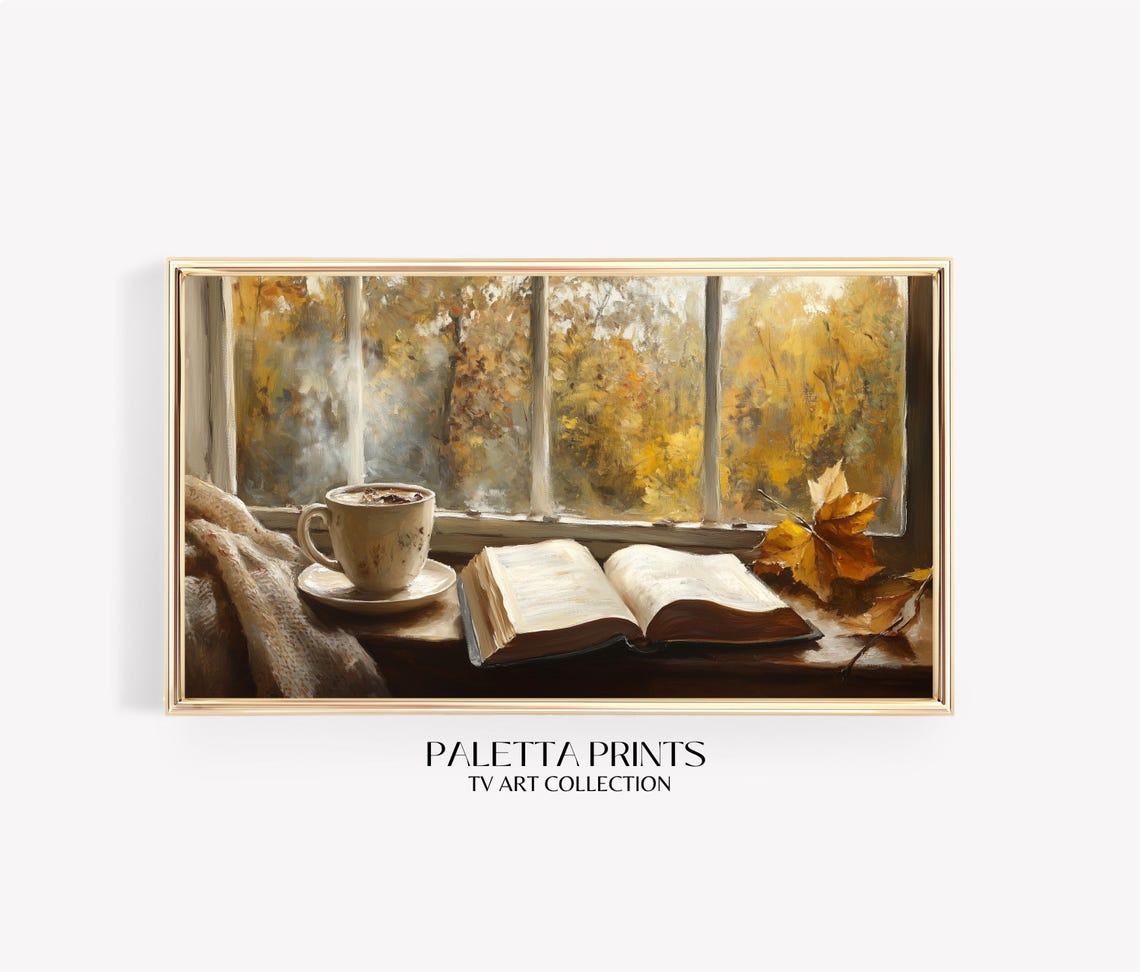 Cozy Autumn Window Scene Coffee Book Golden Fall Foliage Wall Art