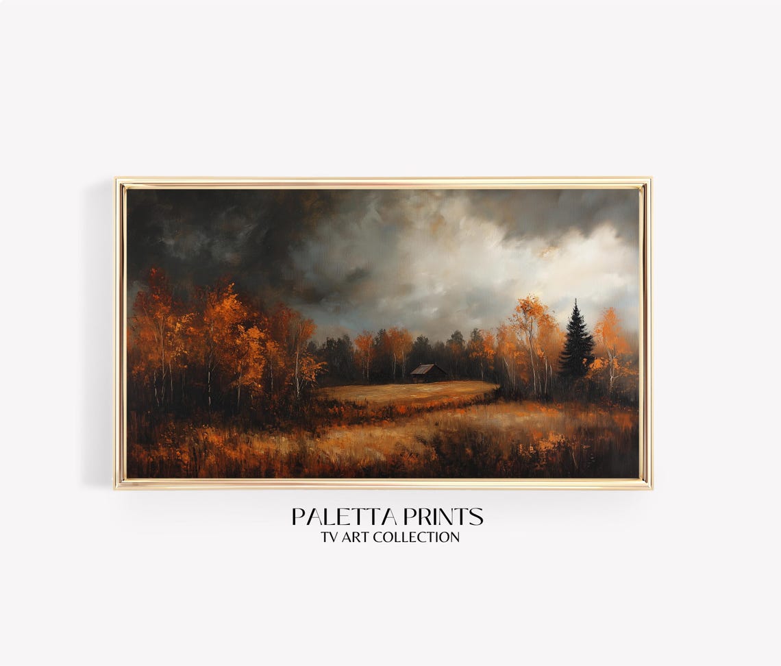 Stormy Sky Over Autumn Field Lone Cabin Moody Plains Landscape Poster