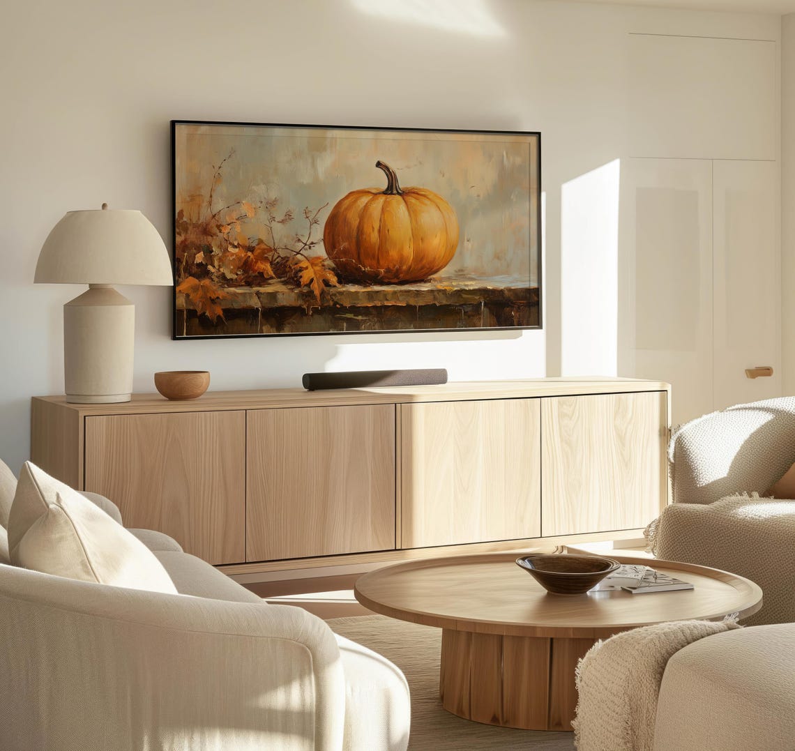 Single Orange Pumpkin Stone Ledge Autumn Leaves Minimal Rustic Poster - Image 3