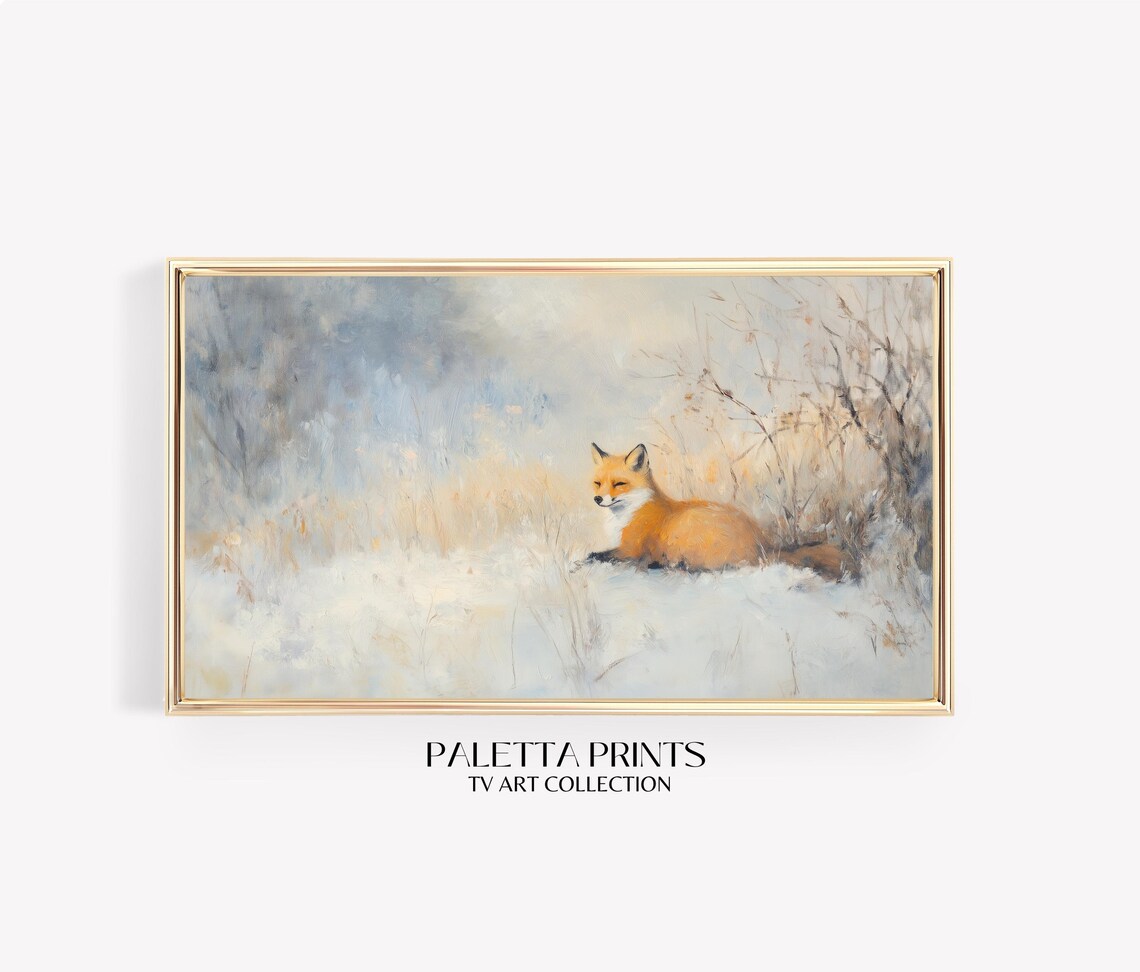 Red Fox Resting Snowy Golden Meadow Soft Winter Wildlife Art Poster