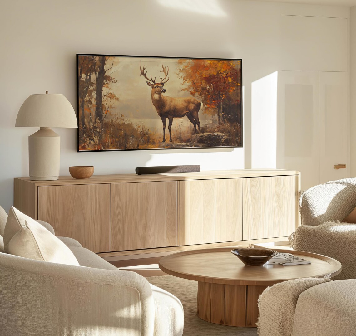Majestic Stag Antlers Lakeshore Golden Autumn Forest Wildlife Art Print - Image 3