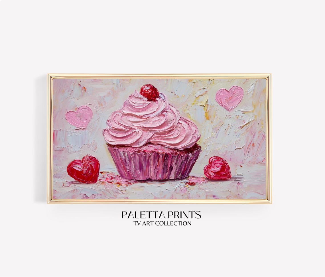 Pink Cupcake With Cherry Red Hearts Impasto Dessert Art Poster