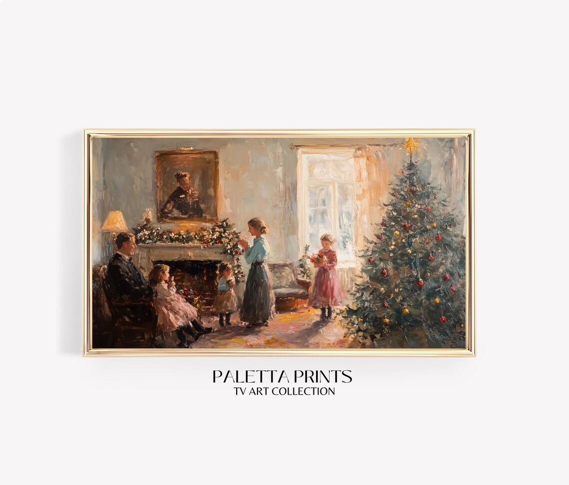 Victorian Family Christmas Tree Fireplace Cozy Holiday Painting Poster