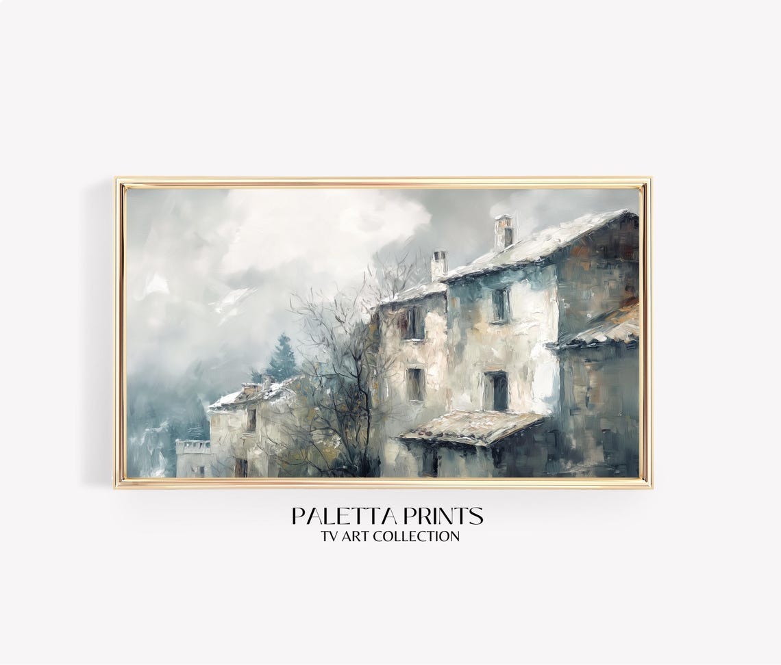 Rustic Old Stone Houses Misty Winter Village Scene Neutral Art Poster