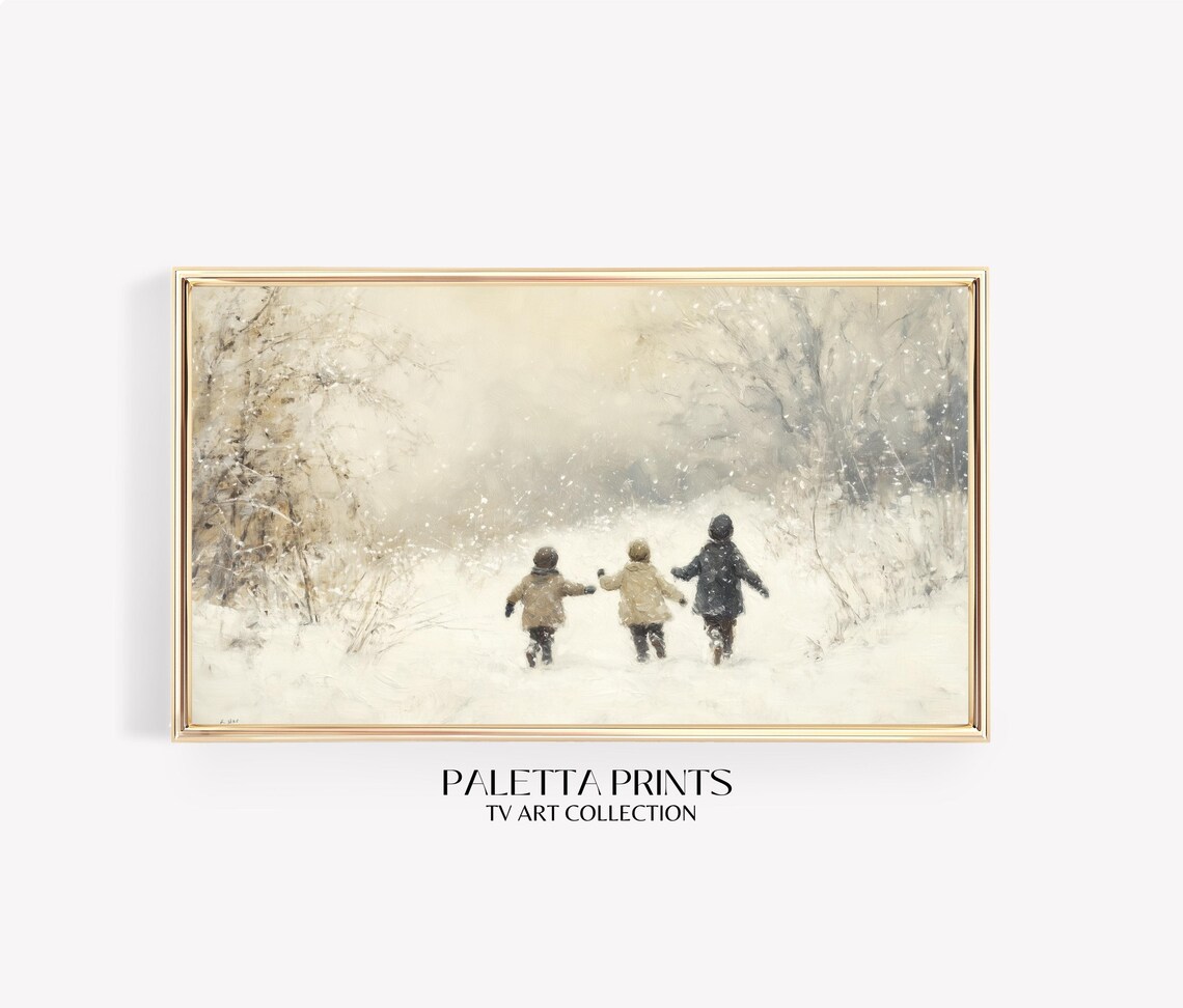 Three Children Running Through Snow Muted Winter Scene Art Poster