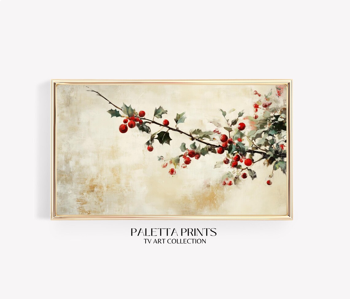 Holly Berry Branch Red Berries Botanical Christmas Painting Tv Poster
