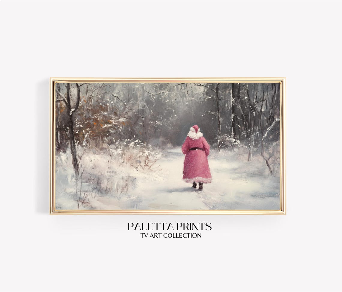 Santa Claus Pink Coat Walking Snowy Winter Woods Festive Poster