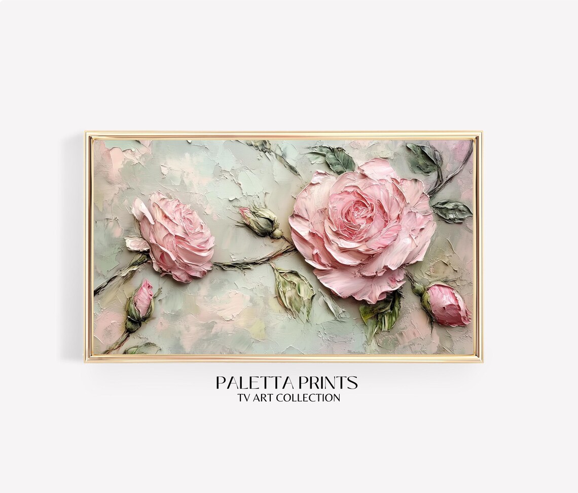 Blush Pink Roses Sage Green Impasto Textured Floral Art Poster