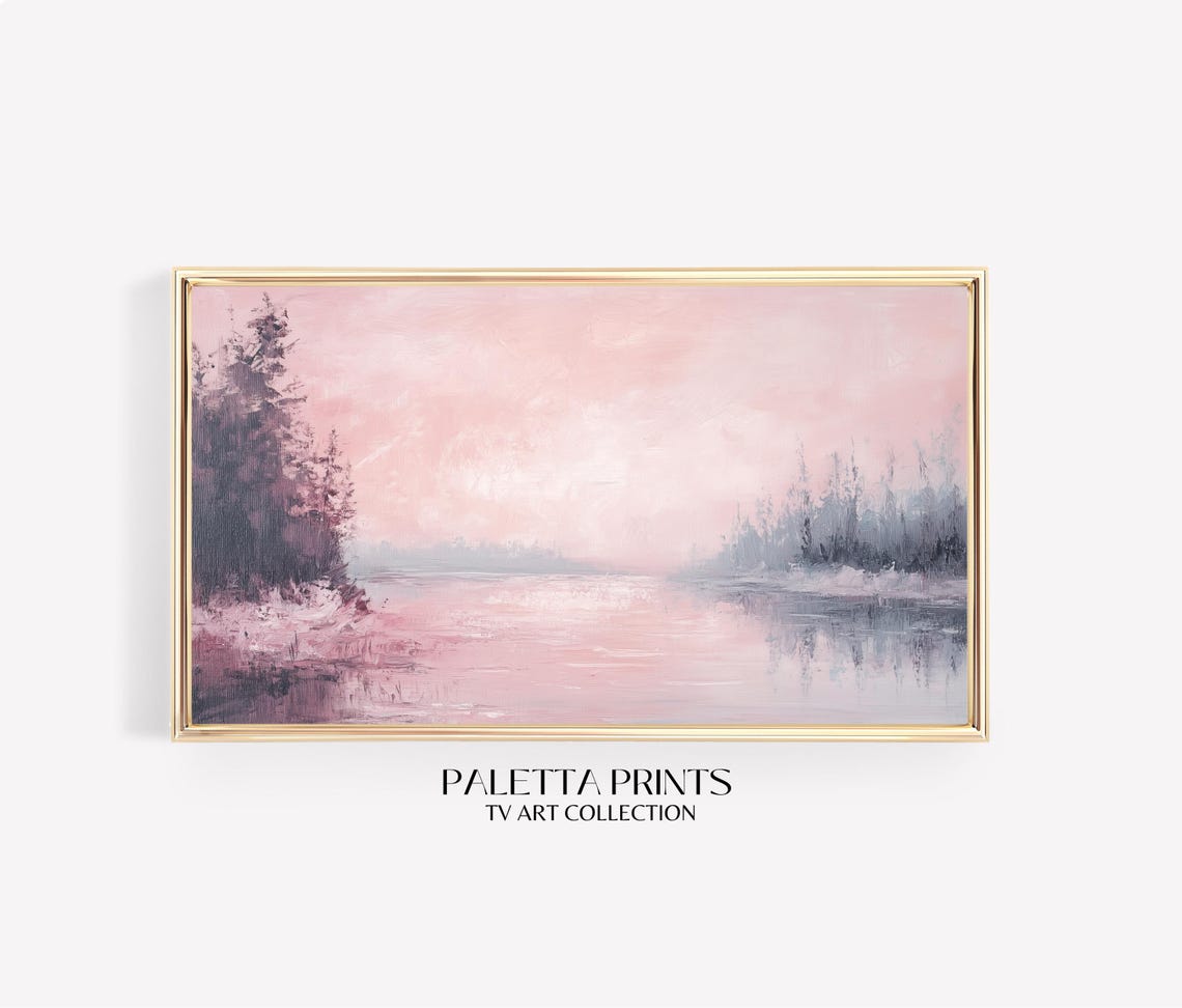 Blush Pink River Landscape Frame Tv Art Romantic Abstract Nature Screensaver Serene Pastel Scenic Winter Decor Soft Colors Art