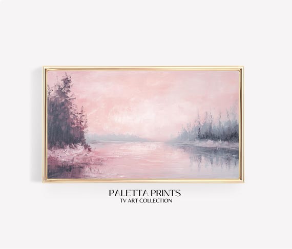 Blush Pink River Landscape Frame Tv Art Romantic Abstract Nature Screensaver Serene Pastel Scenic Winter Decor Soft Colors Art