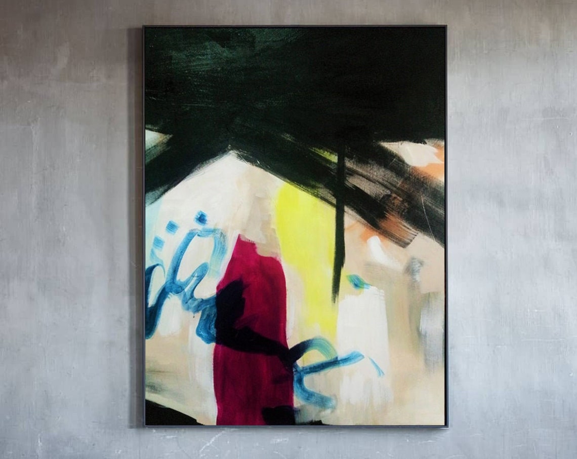 Tall Modern Abstract Dark Green Crimson Brushstroke Art Poster - Image 2
