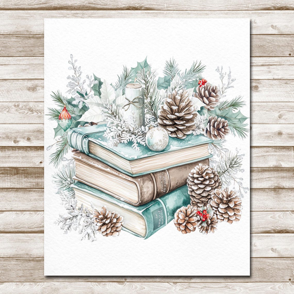 Winter Books Stack Pinecones Candle Cozy Christmas Reading Poster - Image 4
