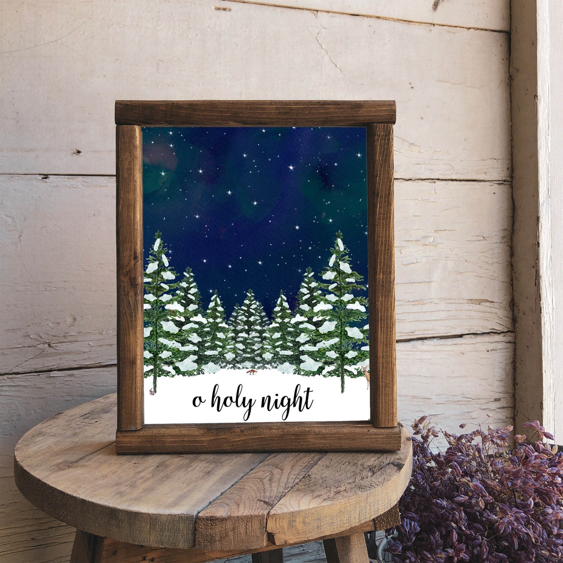 O Holy Night Starry Sky Watercolor Snowy Pine Forest Christmas Poster - Image 2