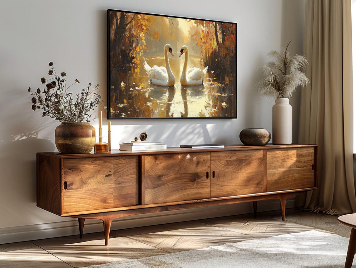 Two Swans Heart Shape Autumn Lake Golden Romance Painting Wall Art - Image 3
