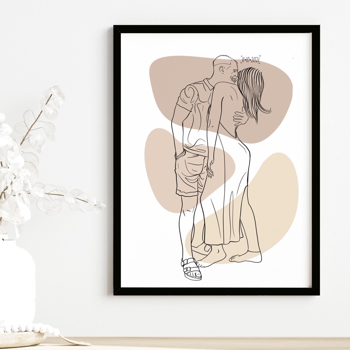 Couple Kissing Embrace Beige Abstract Custom Line Drawing Poster - Image 4