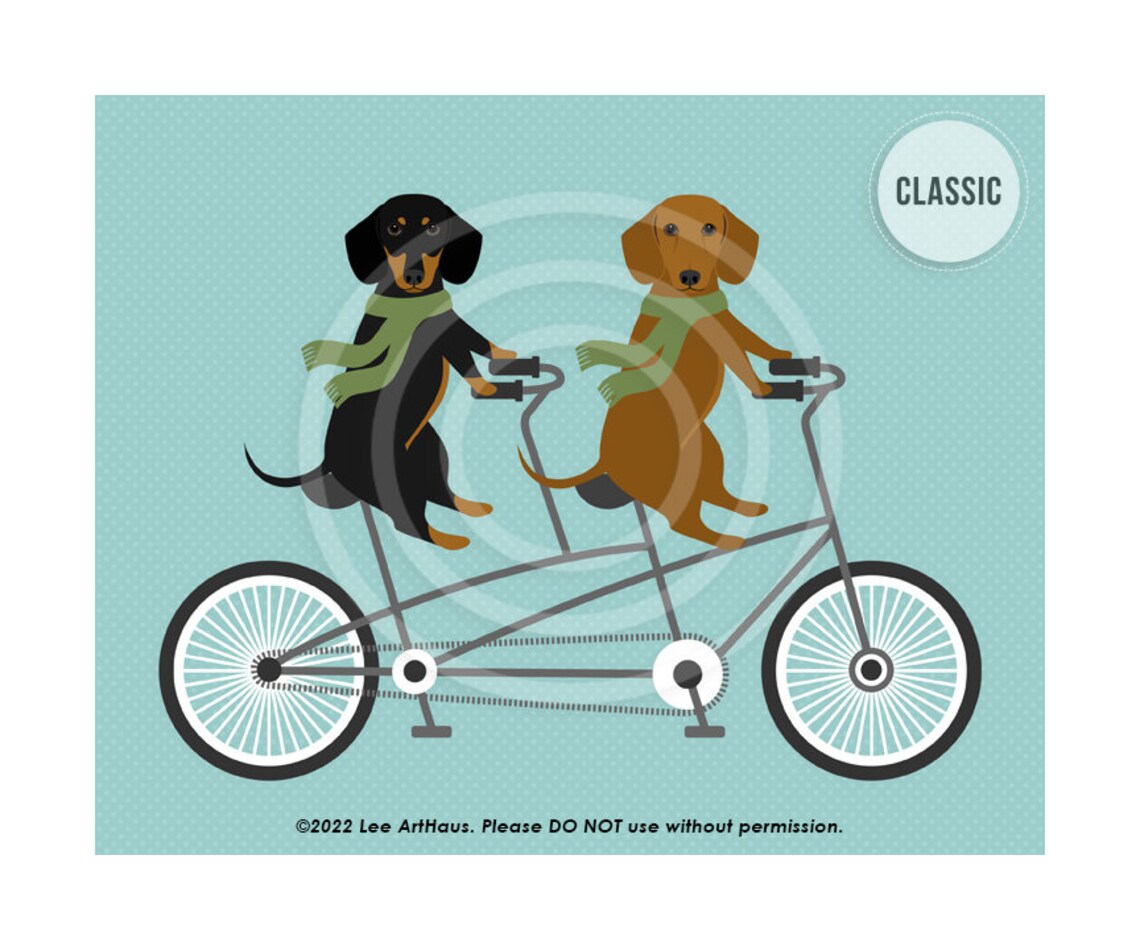 Two Dachshunds Riding Tandem Bicycle Green Scarves Vintage Dog Poster