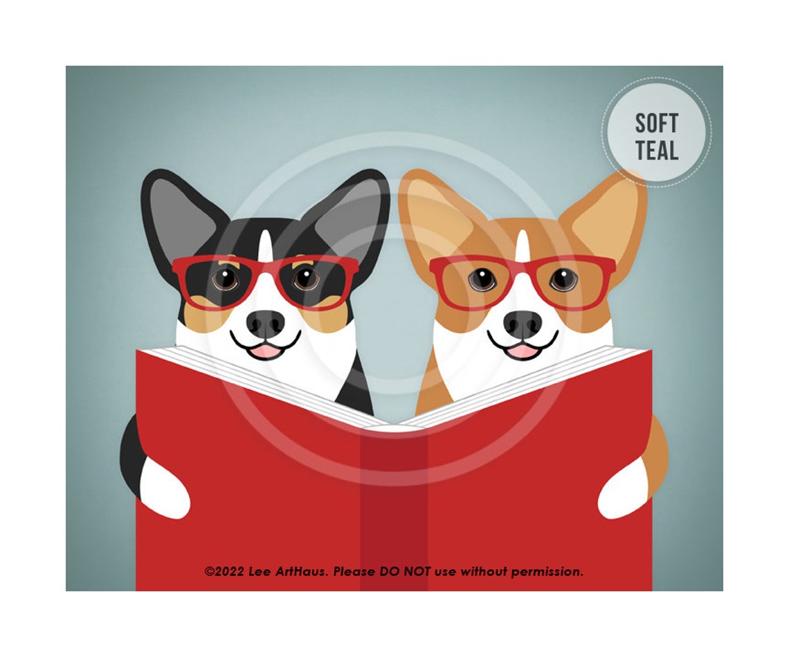 Two Corgi Dogs Red Glasses Reading Book Cute Library Decor Wall Poster - Image 4