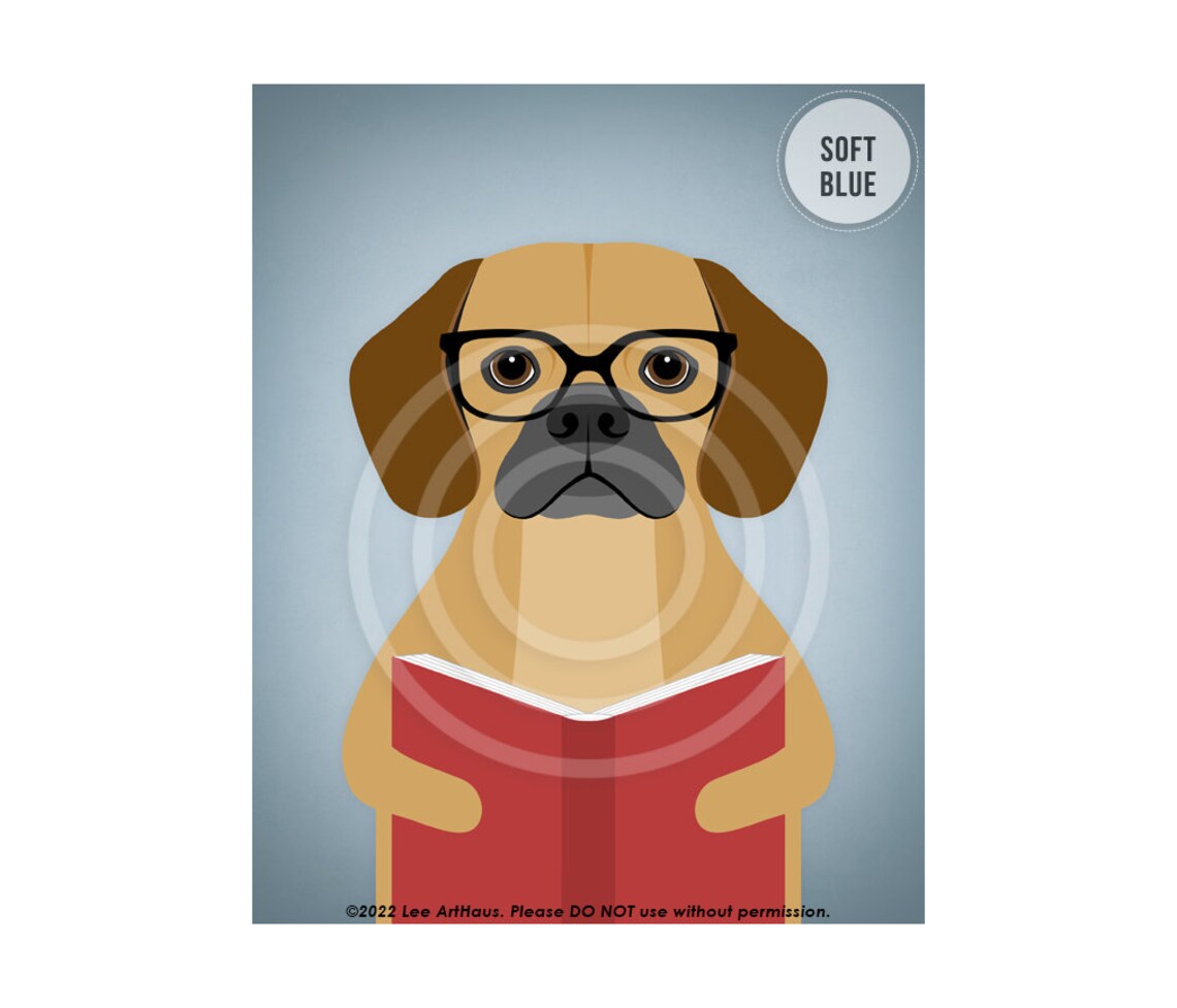 Puggle Wearing Glasses Reading a Red Book Funny Puppy Poster - Image 2
