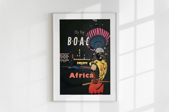 Fly by BOAC Africa Vintage Airline Poster Tribal Art Retro Travel
