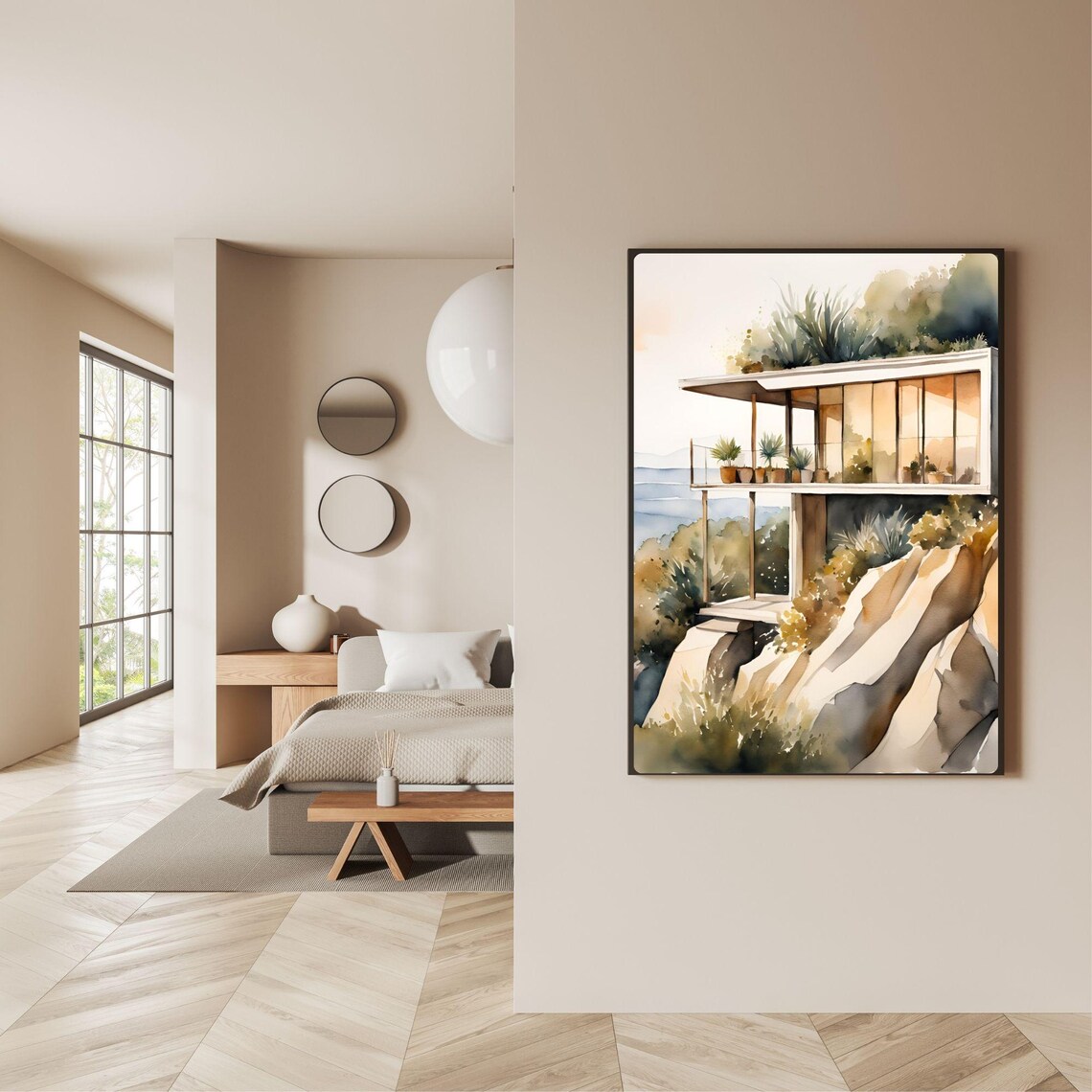 Modern Cliffside Home Watercolor Minimalist Landscape - Image 2