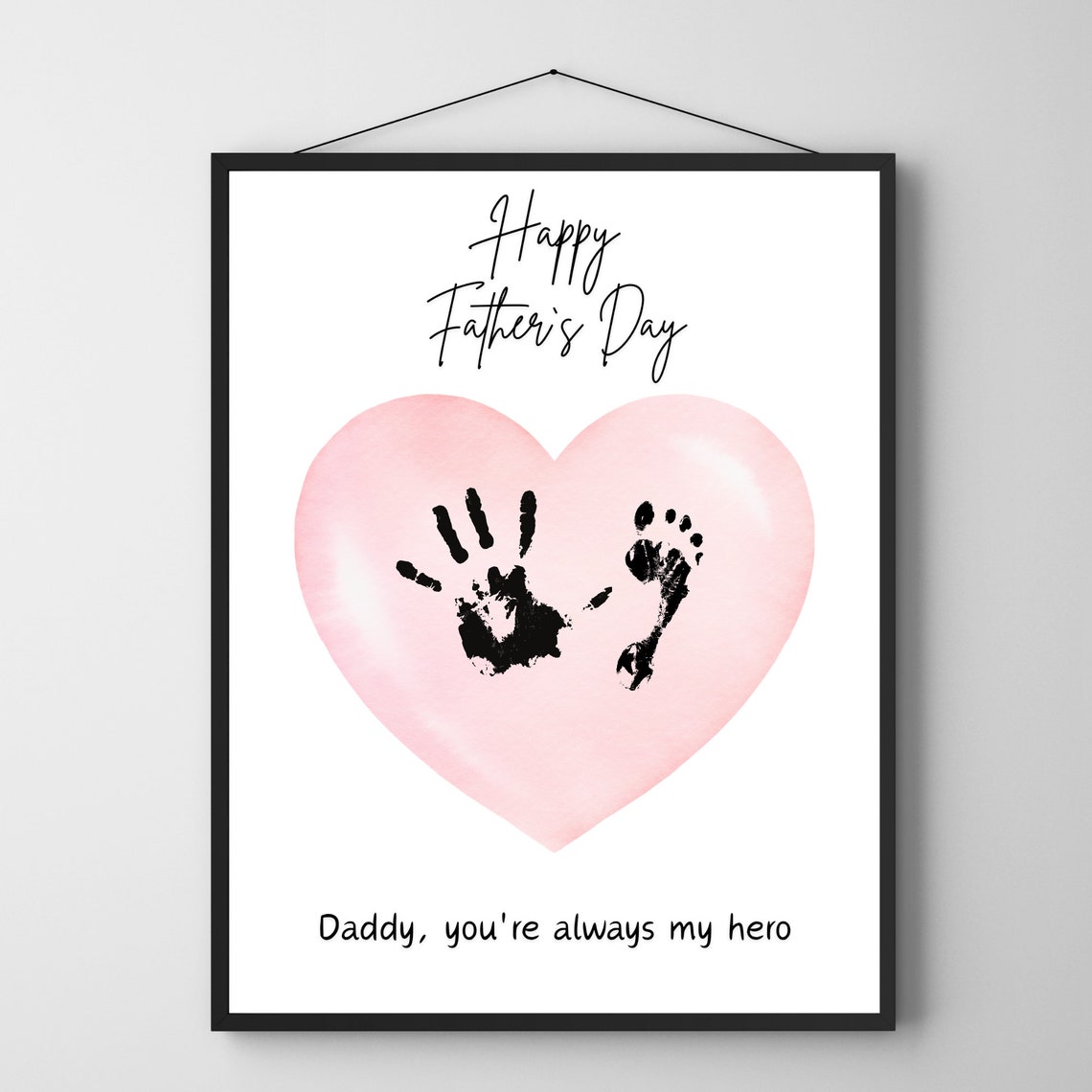 Happy Fathers Day Pink Heart Hand Footprints Art Print Daddy Gift