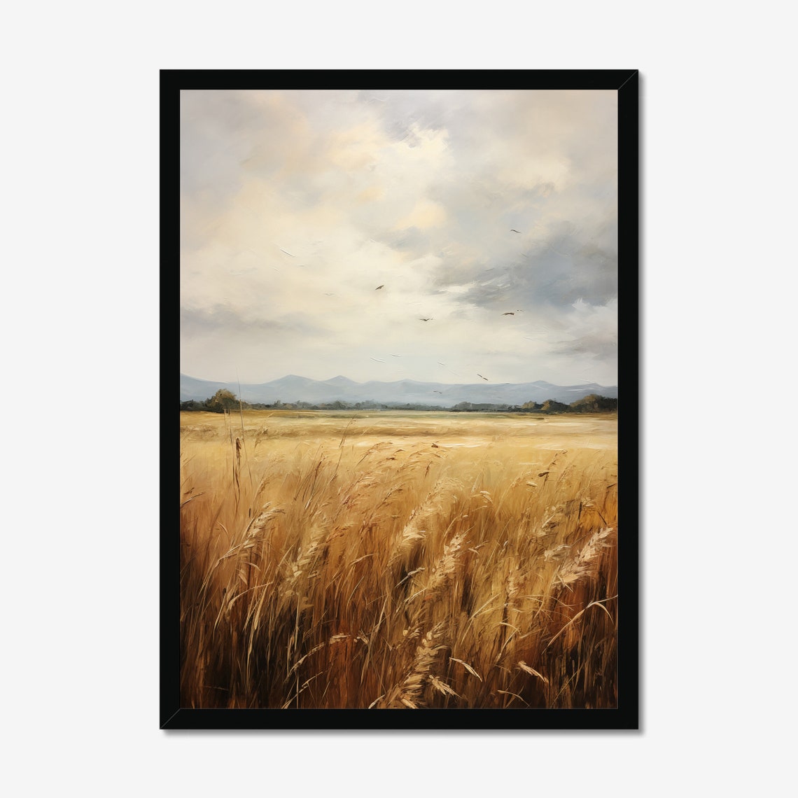 Golden Wheat Field with Birds and Distant Mountains Landscape Poster