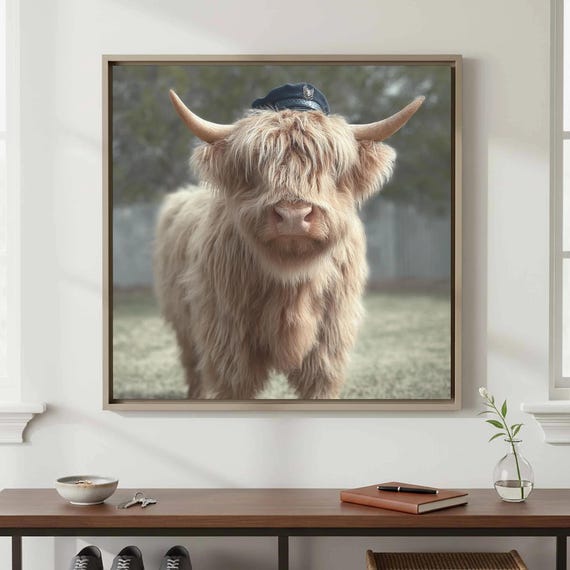 Highland Cow Police Officer Canvas Print Funny Farm Animal Art