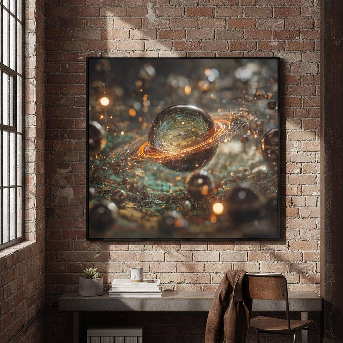 Glowing Glass Planet Saturn Rings Cosmic Nebula Space Wall Art