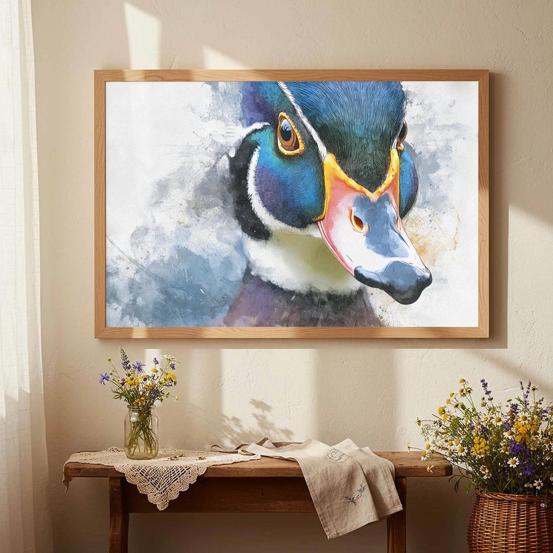 Wood Duck Watercolor Portrait Iridescent Drake Closeup Poster