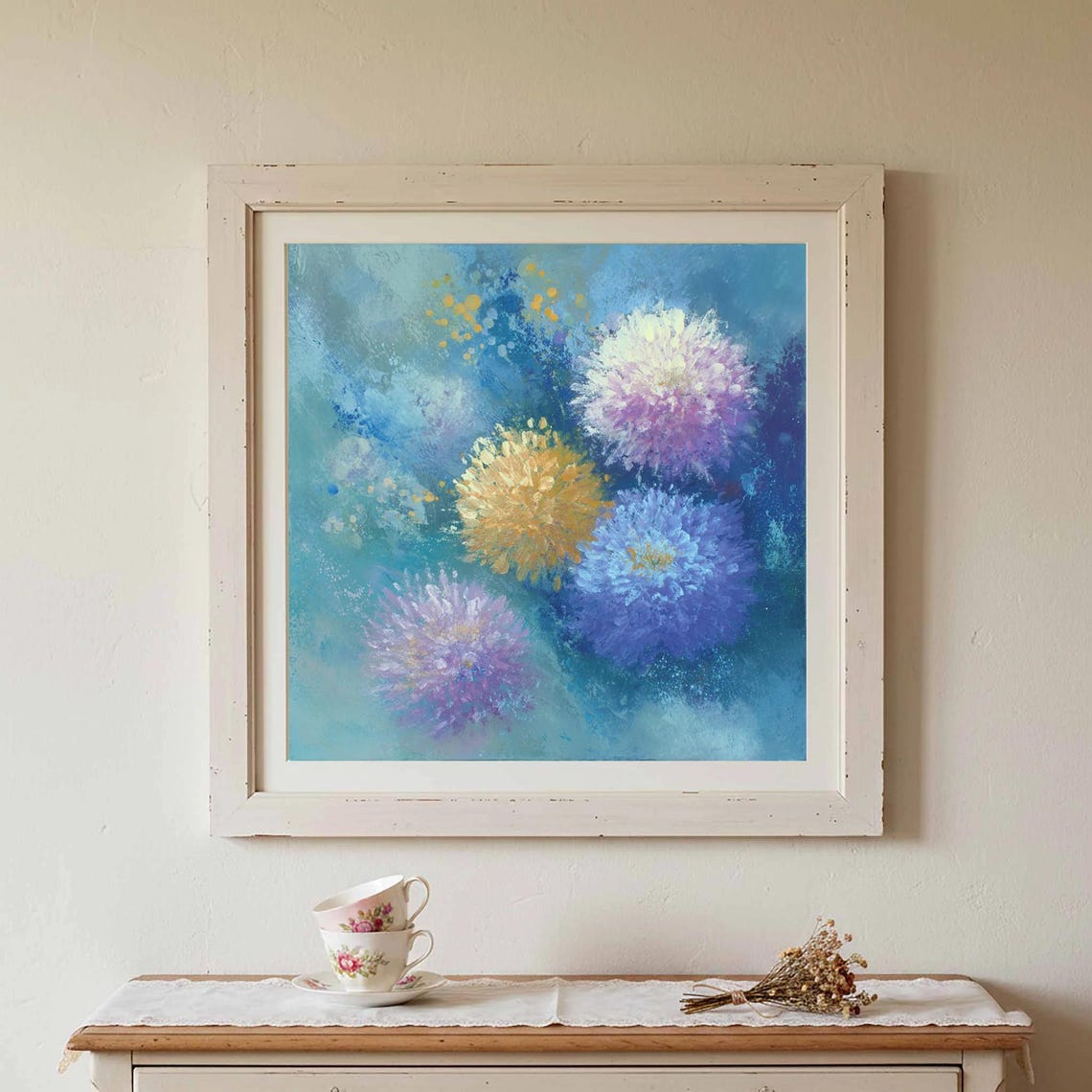 Abstract Blue Purple Gold Floral Blooms Impressionist Poster