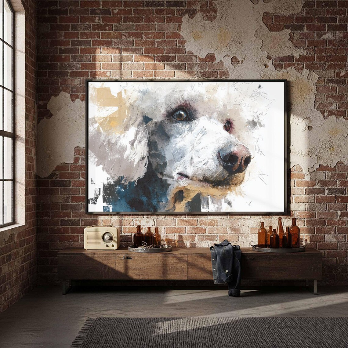 White Poodle Portrait in Abstract Watercolor Style Dog Poster
