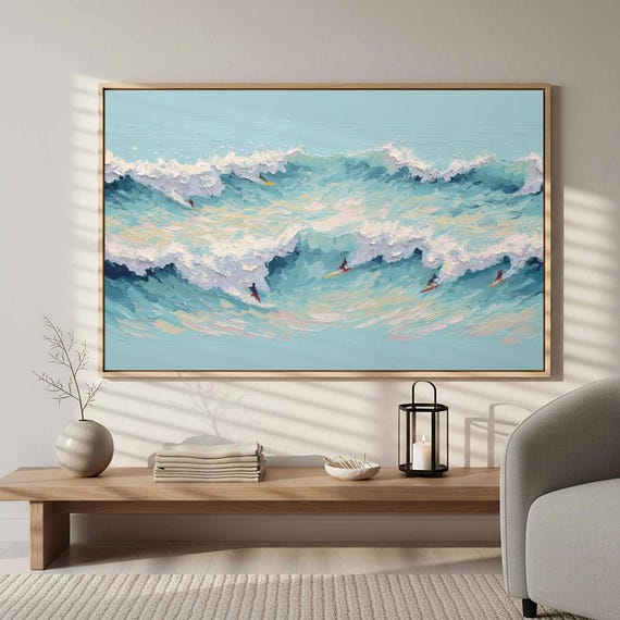 Impasto Seascape Canvas Retro Surfer Ocean Wave Art Print