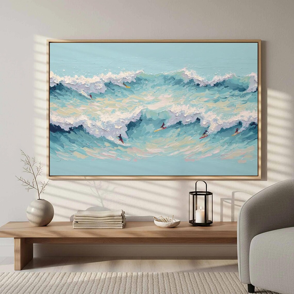 Impasto Ocean Wave Surfers Textured Palette Knife Retro Surf Canvas Print