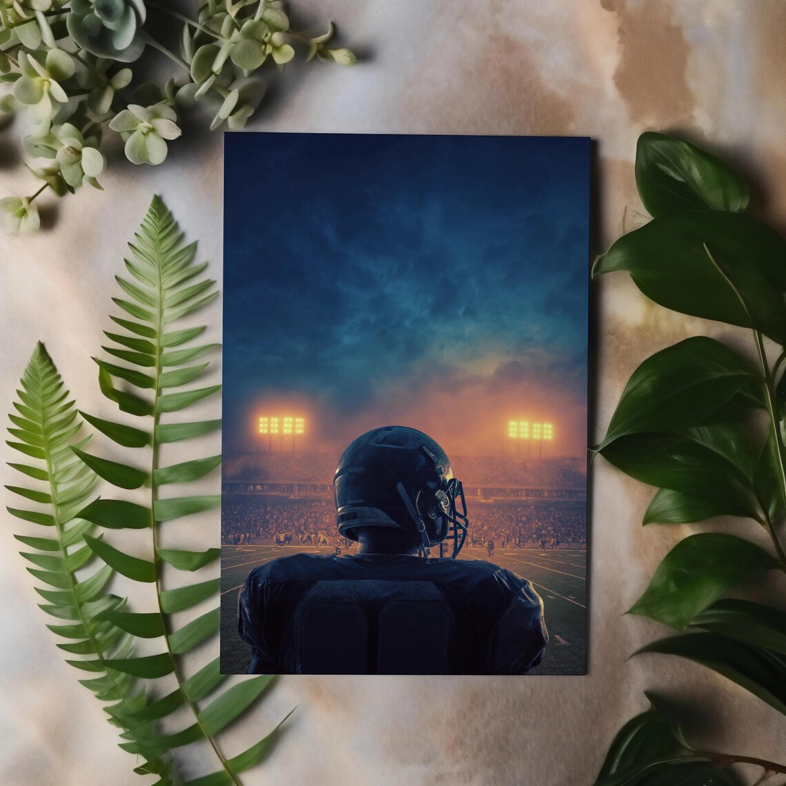 American Football Player Facing Night Stadium Floodlights Moody Art Poster