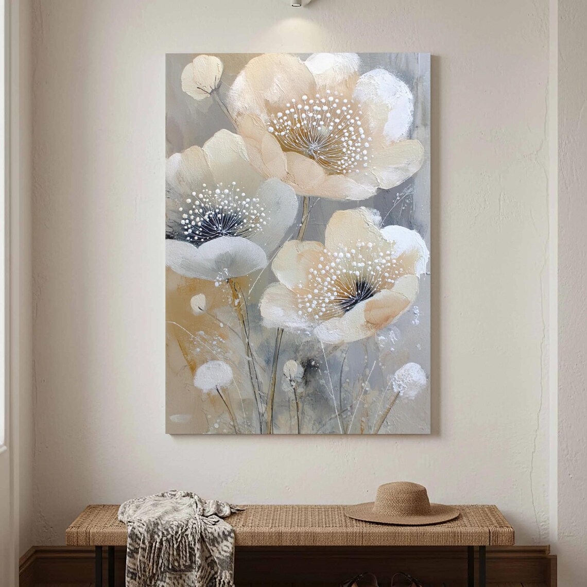 Cream Blossom Abstract Botanical Beige Gray Oil Painting Art Poster
