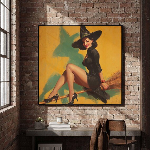 Retro Pinup Witch Canvas Print 1950s Gil Elvgren Style Art
