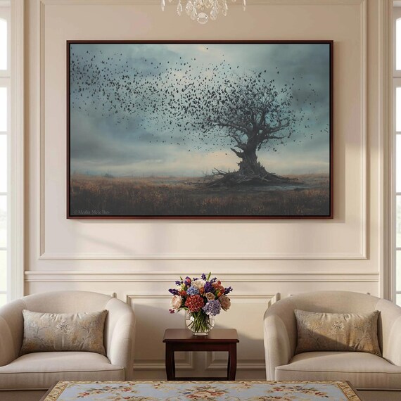 Gothic Crow Tree Canvas Wall Art Dark Moody Nature Print