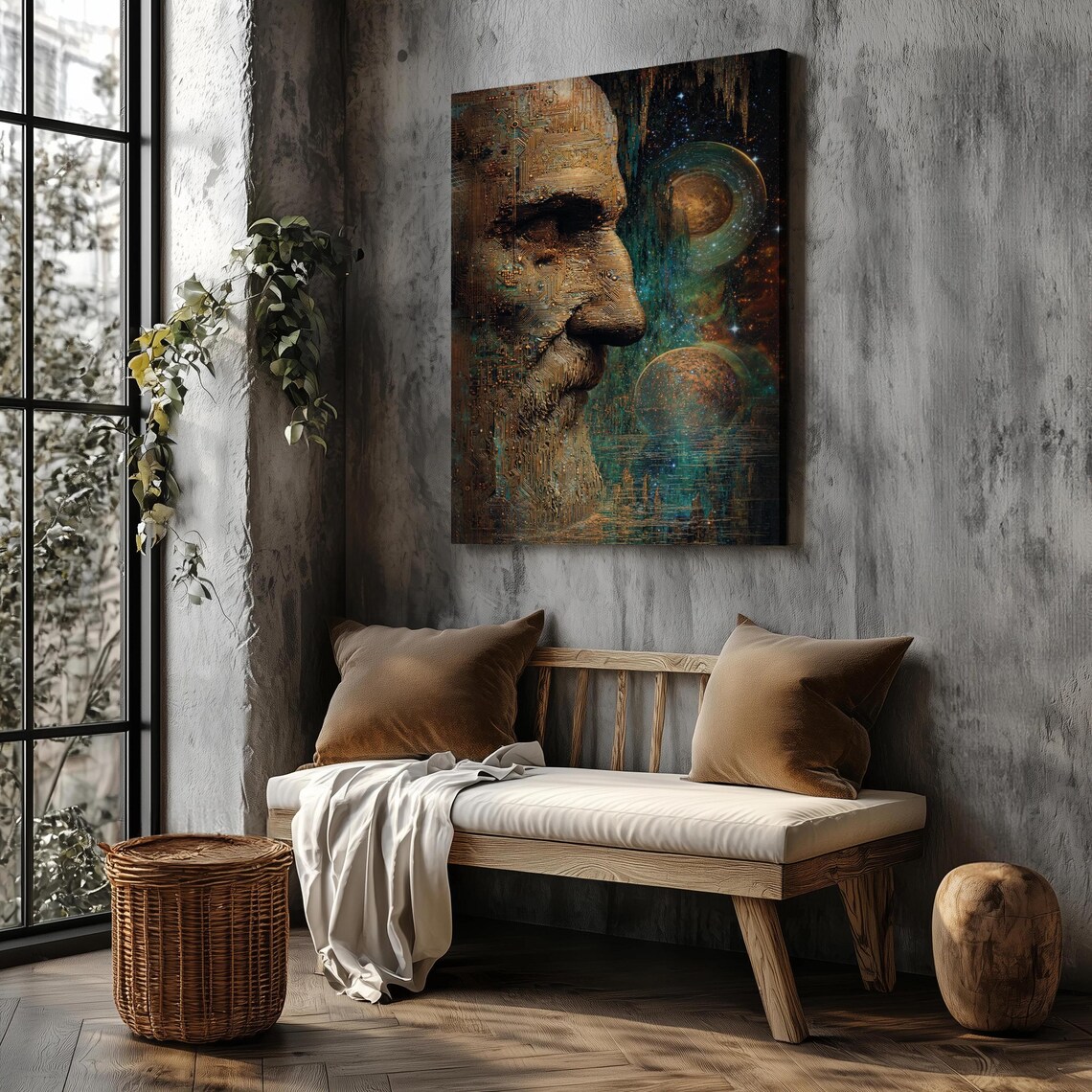 Circuit Board Face Profile Tech Portrait Cosmic Planets Sci Fi Art Print