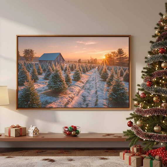 Christmas Tree Farm Sunrise Snowy Pines Rustic Barn Holiday Poster