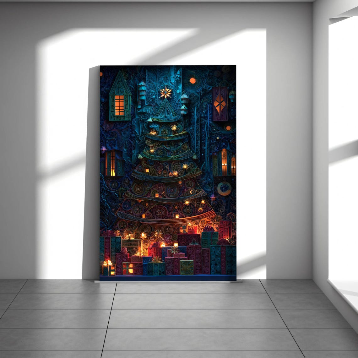 Kandinsky Style Christmas Tree Abstract Blue Holiday Wall Art