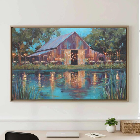 Rustic Barn at Dusk String Lights Pond Reflection Canvas Poster
