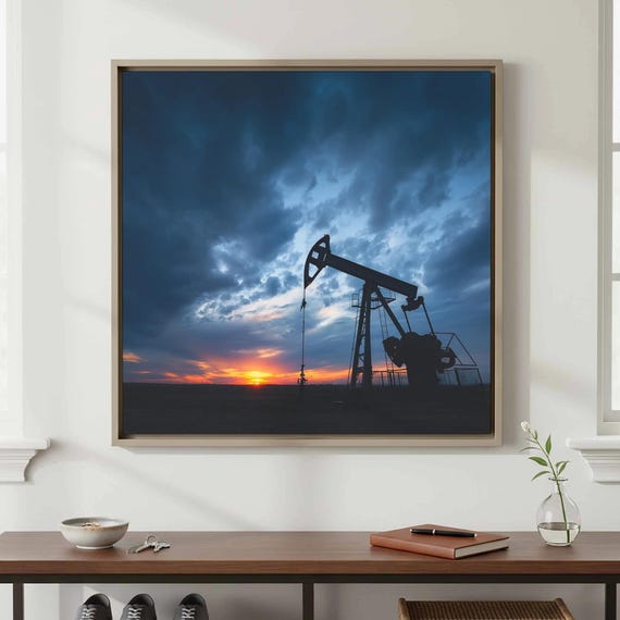 Industrial Oil Pump Canvas Print Dramatic Sunset Wall Art